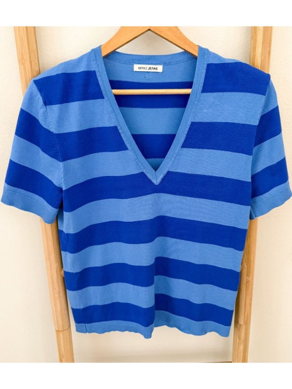 Animale Jeans Blue Striped Knit Sweater Top Shoulder Pads V-Neck Size Large